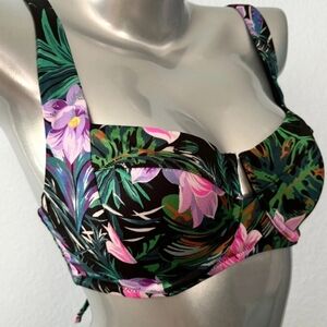Victoria's Secret Black Tropical Lace Up Back Full Coverage Bikini Top 36DDD NWT